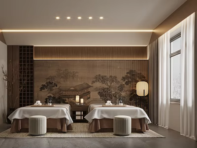Traditional SPA Room With Two Massage Beds And Wall Murals 3d model