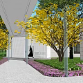 Modern Pergola in Courtyard with Stone Pathway Steps Water Feature and Green Trees