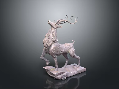 Silver Deer Shaped Sculpture With Intricate Patterns Curled Antlers And Decorative Base 3d model
