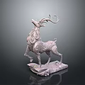 Silver Deer Shaped Sculpture With Intricate Patterns Curled Antlers And Decorative Base