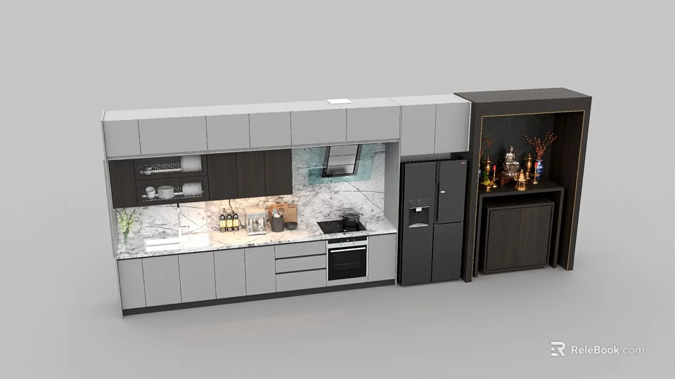 Modern Kitchen Interior Design With Gray White Cabinets Marble Countertop And Stainless Steel Appliances 3d model 