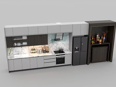 Modern Kitchen Interior Design With Gray White Cabinets Marble Countertop And Stainless Steel Appliances 3d model