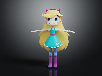 Cartoon Character With Blonde Hair Pink Horns Blue Dress Purple Stockings And Outstretched Arms 3d model