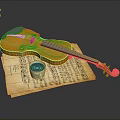 Yellow Violin Placed On Vintage Sheet Music With Small Black Cup