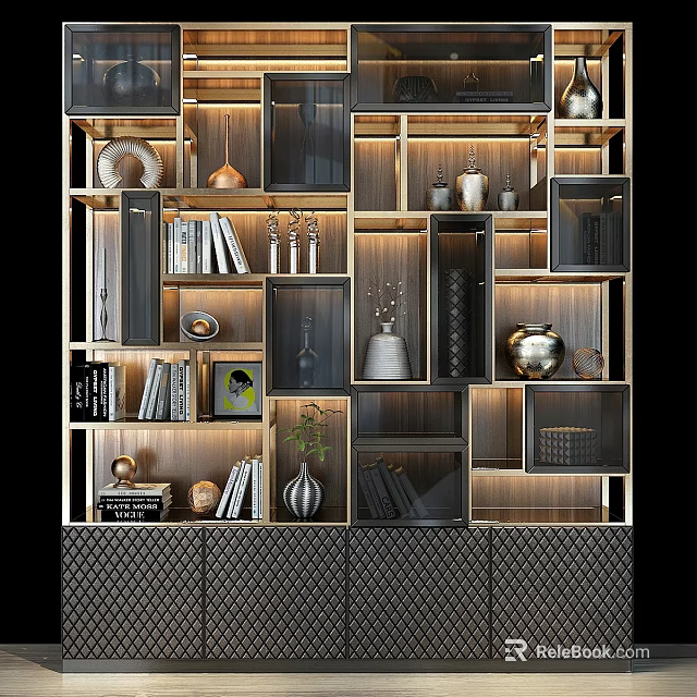 Elegant Modern Shelving Unit With Decorative Books Vase Lighting And Compartments 3d model 
