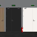 Modern Fire Doors In Different Colors With Green Exit Signs And Red Extinguisher
