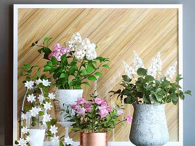 Bonsai Potted Plants With Pink White Flowers In Ceramic Copper Gray Pots 3d model