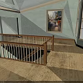 Light Green Wall Interior With Wooden Floor Railing And Hanging Painting Near Window