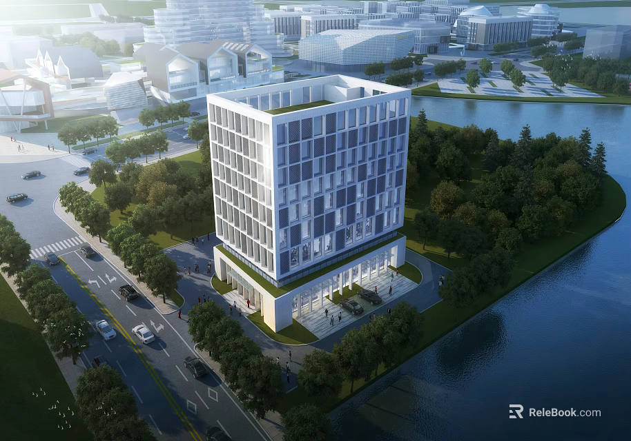 Modern Office Building With Glass Facade Surrounded By Greenery Near Riverfront And Road 3d model 