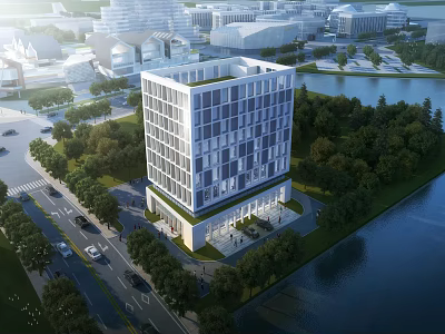 Modern Office Building With Glass Facade Surrounded By Greenery Near Riverfront And Road 3d model