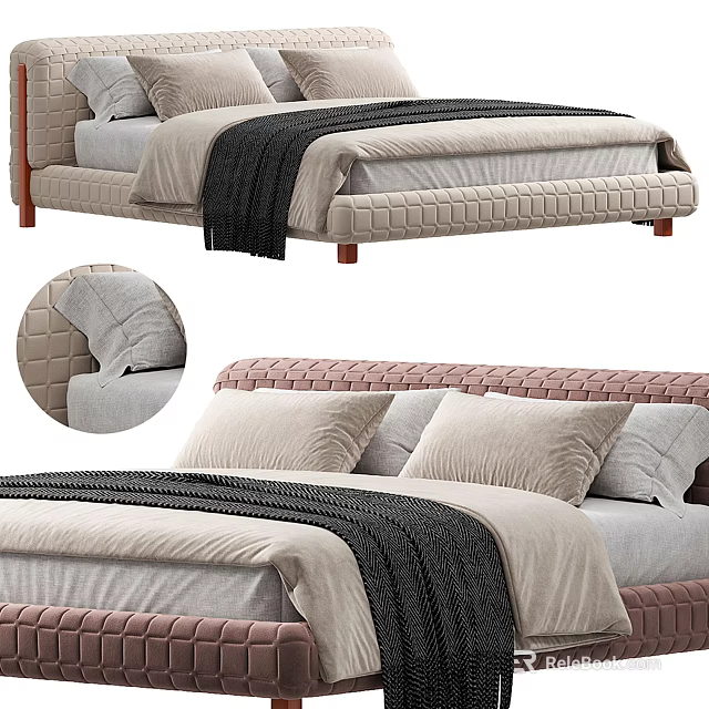 Double Bed With Quilted Upholstered Headboard Soft Velvet Pillows And Warm Knit Blanket 3d model 