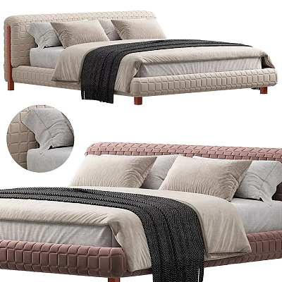 Double Bed With Quilted Upholstered Headboard Soft Velvet Pillows And Warm Knit Blanket 3d model