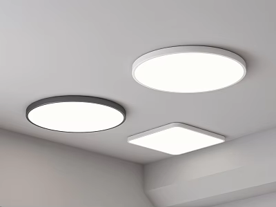 Three White Ceiling Lights Round And Square Installed On White Ceiling With Light Colored Walls 3d model