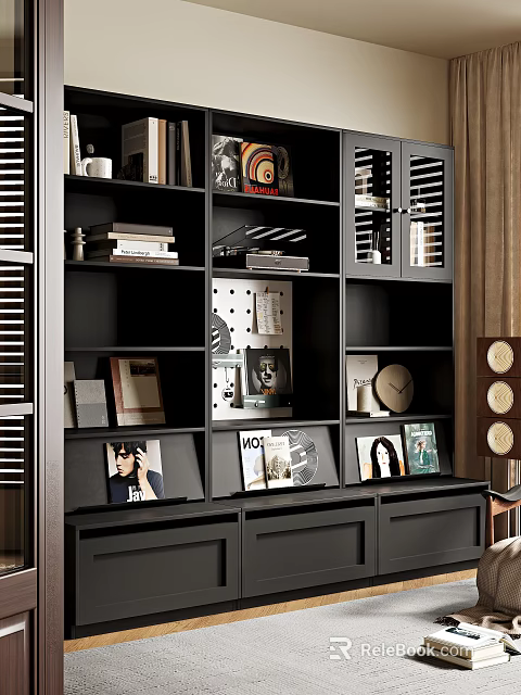 Black Modern Bookcase Interior With Books Decorative Items Photo Frames Magazines And Clock 3d model 