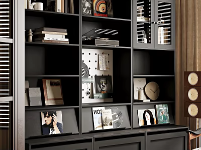 Black Modern Bookcase Interior With Books Decorative Items Photo Frames Magazines And Clock 3d model