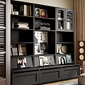 Black Modern Bookcase Interior With Books Decorative Items Photo Frames Magazines And Clock