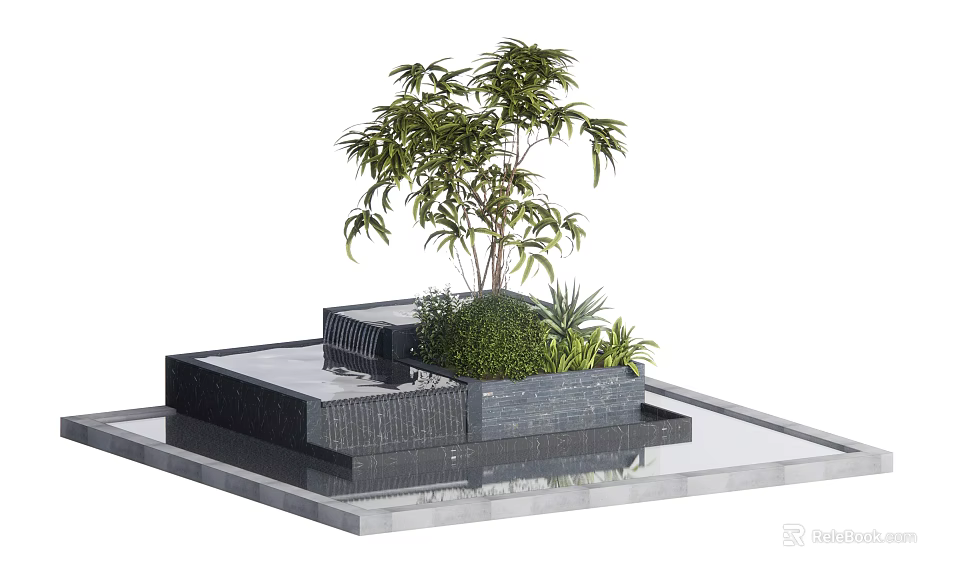 Garden Ornament With Water Pool Stone Platform Bamboo Plant And Small Greenery 3d model 