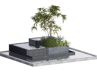 Garden Ornament With Water Pool Stone Platform Bamboo Plant And Small Greenery 3d model