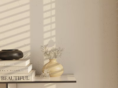 Decorative Ornament Set With Stacked Books Black Bowl Yellow Vase Dried Flowers And Light Shadow 3d model