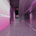 Modern Hotel Lobby With Pink Walls Neon Lighting Transparent Columns Art Installations Smooth Flooring