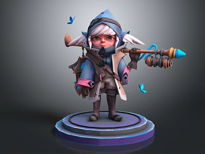 Adorable Cloaked Little Girl Character With Staff Surrounded By Blue Butterflies On Pedestal 3d model