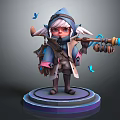 Adorable Cloaked Little Girl Character With Staff Surrounded By Blue Butterflies On Pedestal