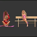 Dolls Sitting On Pink Blanket And Bench With Surfboard In Red Top And Pink Bikini