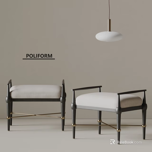 POLIFORM Modern Sofa Stools With Black Frame Beige Cushion And Gold Metal Details 3d model 