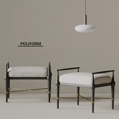 POLIFORM Modern Sofa Stools With Black Frame Beige Cushion And Gold Metal Details 3d model