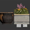 Long Stone Flower Planter With Mixed Colorful Flowers And Decorative Clay Urns