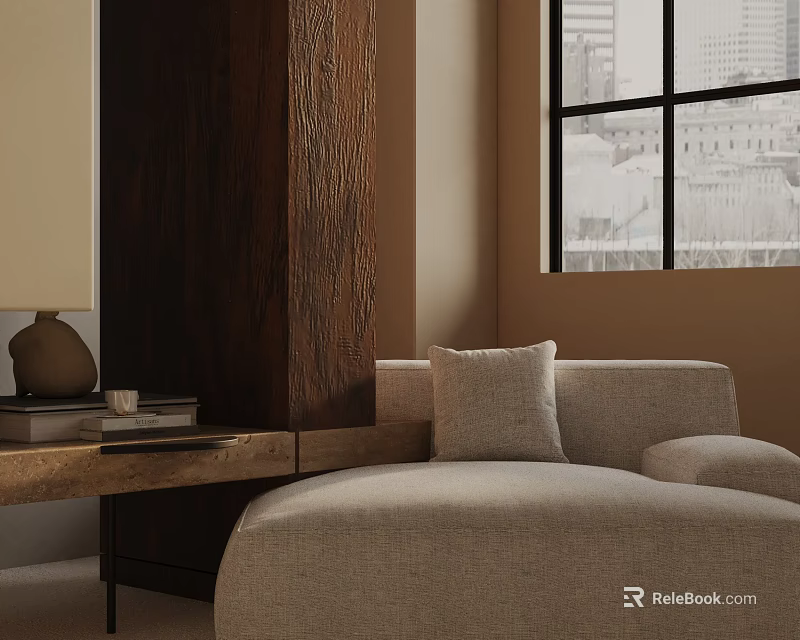 Modern Beige Leisure Chair Indoor Scene With Wooden Panel Window View And Cushion 3d model 