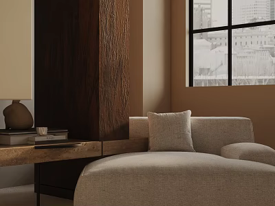 Modern Beige Leisure Chair Indoor Scene With Wooden Panel Window View And Cushion 3d model