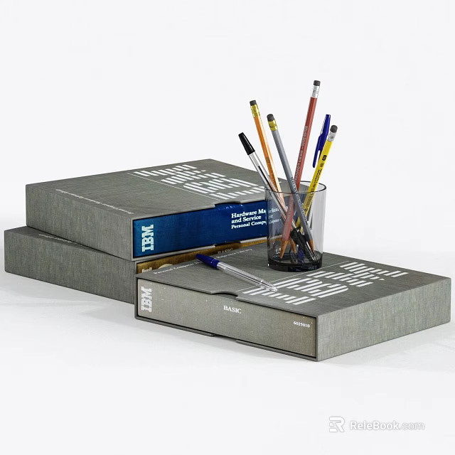 Gray Document Boxes With Blue Labels And Colored Pens In Clear Holder 3d model
