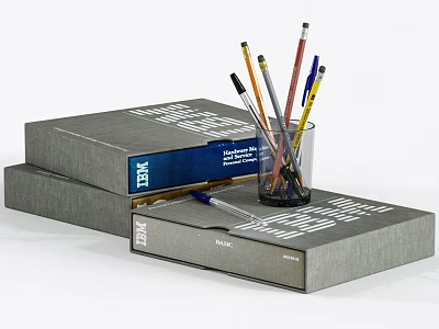 Gray Document Boxes With Blue Labels And Colored Pens In Clear Holder 3d model