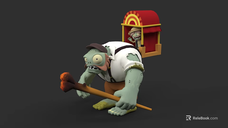 Zombie Game Character With Green Skin Tattered Shirt Brown Hat Red Roofed Cabin And Torch 3d model 