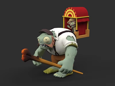 Zombie Game Character With Green Skin Tattered Shirt Brown Hat Red Roofed Cabin And Torch 3d model