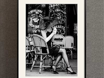 Vintage Black and White Woman Portrait Painting Seated in Wicker Chair at Outdoor Café 3d model