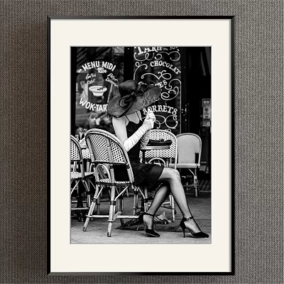 Vintage Black and White Woman Portrait Painting Seated in Wicker Chair at Outdoor Café 3d model