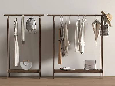 Wooden Clothes Racks With Hanging Dresses Shirts Backpack Hat And Handbag On Shelf 3d model