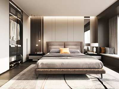 Elegant Modern Bedroom Interior With Upholstered Headboard Table Lamp Nightstand And Area Rug 3d model