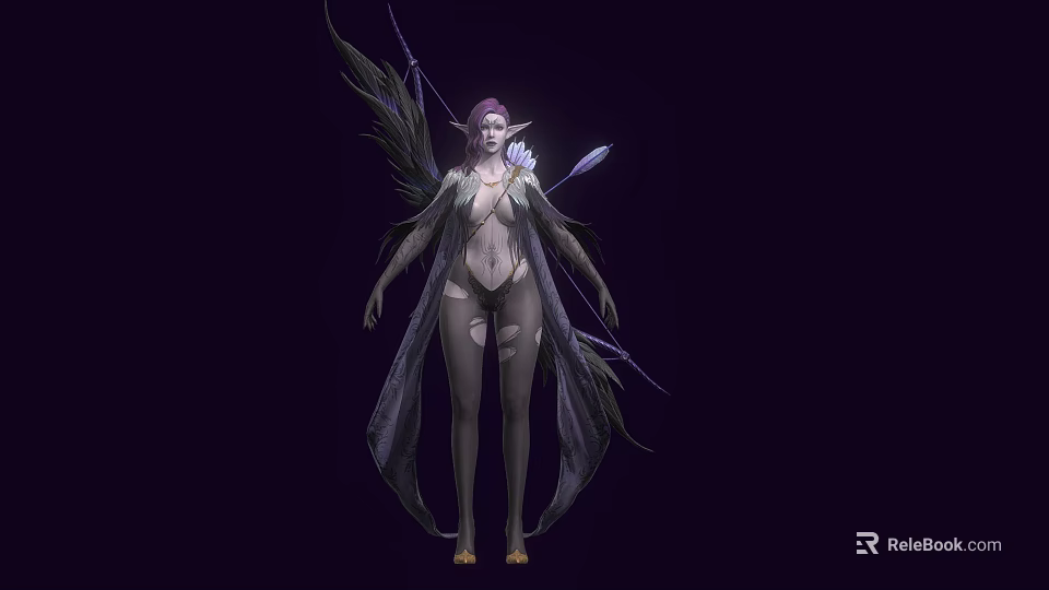 Elf Woman with Purple Hair and Feathered Wings in Flowing Cloak against Dark Background 3d model 