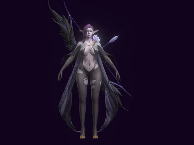 Elf Woman with Purple Hair and Feathered Wings in Flowing Cloak against Dark Background 3d model