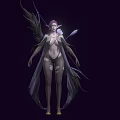Elf Woman with Purple Hair and Feathered Wings in Flowing Cloak against Dark Background