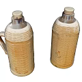 Pair of Ceramic Jugs With Woven Texture Handles and Wooden Lids