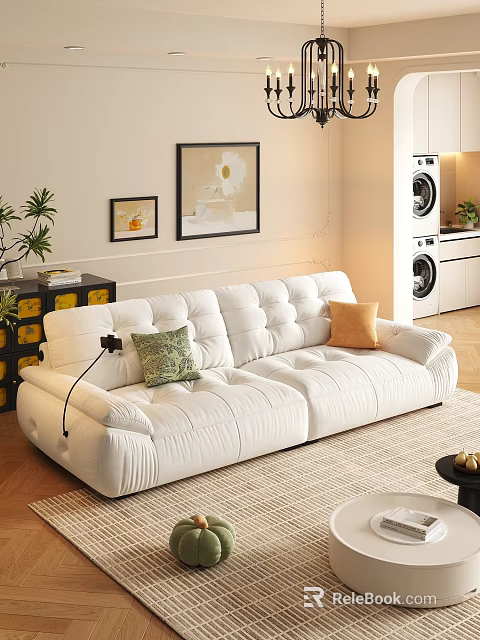 Modern White Sofa and Coffee Table Set with Cozy Pillows in Living Room 3d model 