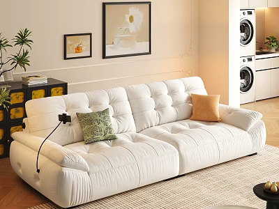 Modern White Sofa and Coffee Table Set with Cozy Pillows in Living Room 3d model