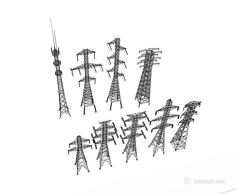 Industrial Power Transmission Towers With Various Metal Structures For High Voltage Lines 3d model 