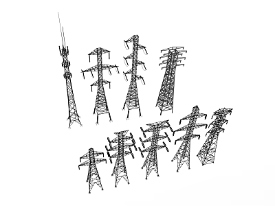 Industrial Power Transmission Towers With Various Metal Structures For High Voltage Lines 3d model