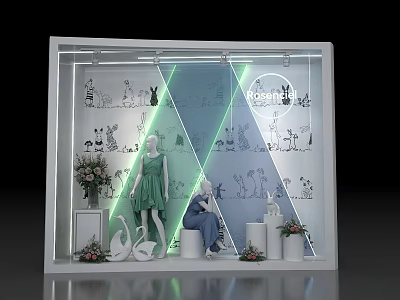 Elegant Rosanna Window Merchandising With Standing Seated Mannequins Green Dress Floral Decor And Lighting 3d model
