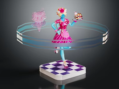 Crowned Blue Skinned Dessert Character With Pink Cat Like Creature Holding Tray On Checkered Base 3d model